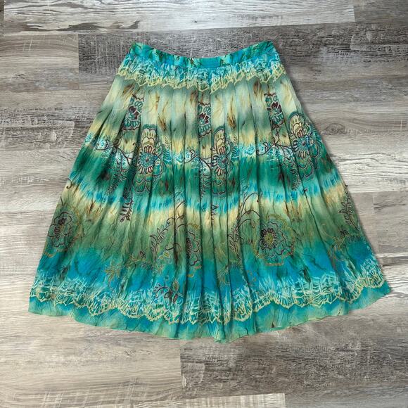 Vintage Boho Silk Blend Skirt Green Blue Floral Tie Dye Pleated Midi Size 8 - Picture 6 of 9